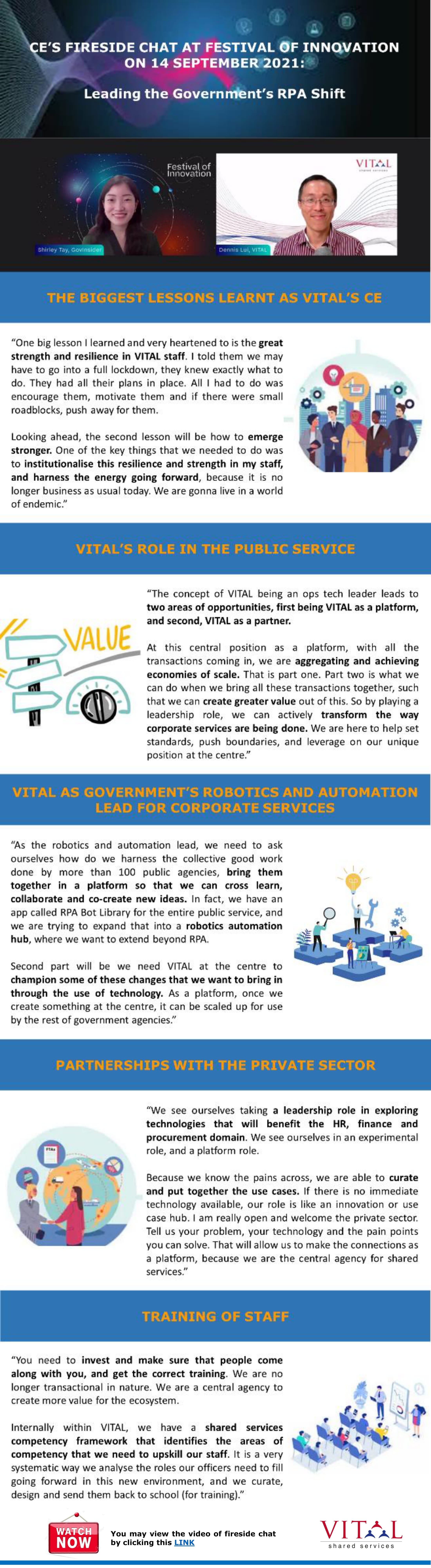 Infographic summarizing a fireside chat on leading the government's RPA shift, featuring two speakers on video call.